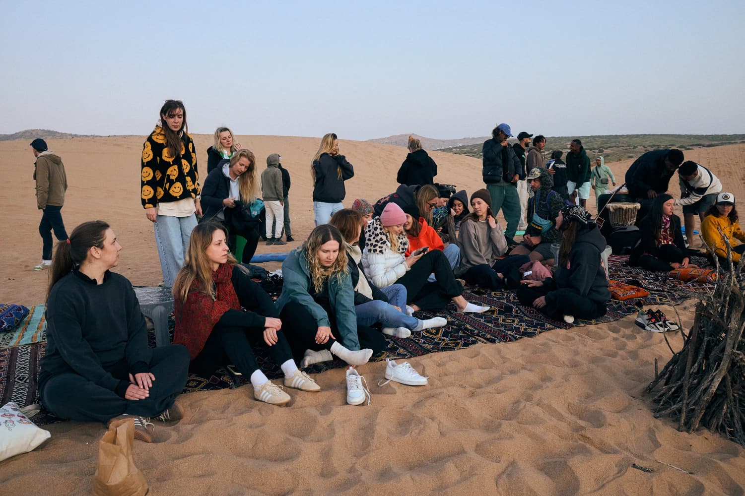 Desert camp circle before bonfire at Aman Surf & Yoga in Imsouane, Morocco